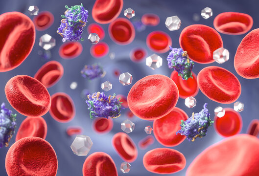 Medical 3D illustration of insulin molecules and glucose particles interacting with red blood cells.