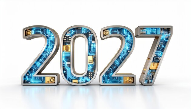 Three dimensional metallic 2027 year numbers with digital circuit board patterns.