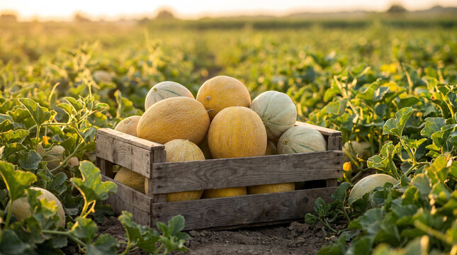 Fresh ripe melons in a wooden crate growing in a sunny agricultural field, natural farm harvest and fresh produce concept