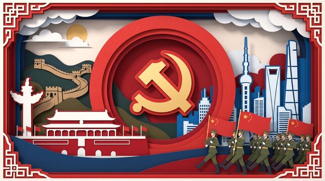 Chinese communist party symbol with famous landmarks and military soldiers in paper cut art style