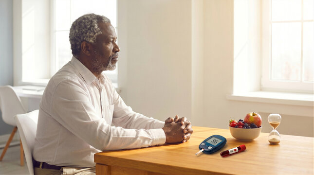 Senior african american man sitting at table with glucometer showing normal sugar level, blood test tube, bowl of fresh berries and hourglass. Diabetes control and healthy nutrition