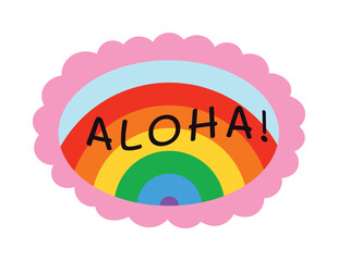 Aloha rainbow badge vector illustration. Colorful tropical summer lettering with pink scalloped frame for Hawaii vacation, beach party, sticker and holiday graphic design. © TWINS DESIGN STUDIO