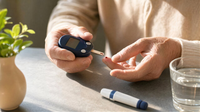 Senior woman measuring blood sugar level with glucometer at home. Diabetes test with blood drop on finger and test strip. Glucose monitoring, elderly healthcare and chronic disease control concept.