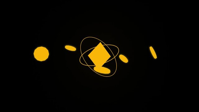 Abstract animation of rotating golden geometric shapes and spinning oval elements on a black background loop ready motion graphic footage for design projects.