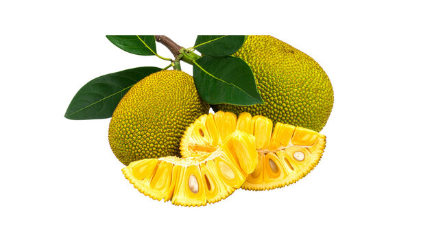 Whole chempedak fruits with a longitudinal cut slice displaying rich orange pods on a transparent background