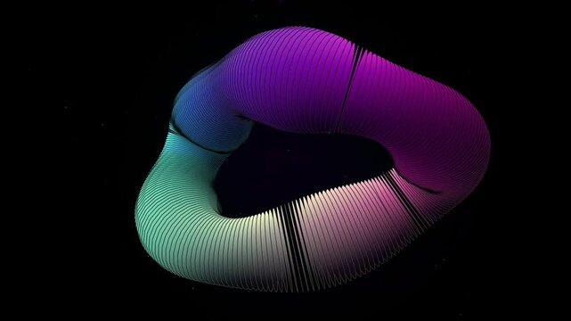 Abstract 3d animation of colorful twisting torus loop with wireframe texture floating against deep black space background cinematic motion graphics design element.