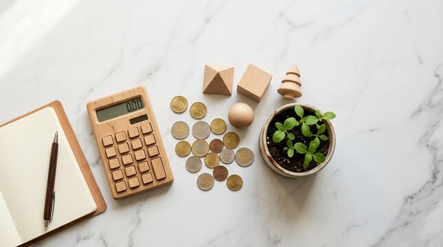 Financial Growth Concept with Calculator, Coins, and Growing Plant on Marble Surface