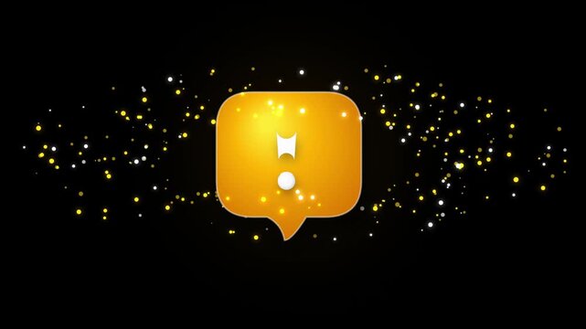 3D golden speech bubble with exclamation mark floating against glowing particle background creating dynamic element for marketing and communications motion graphics.