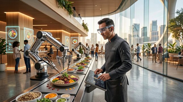 Modern chef using AR glasses and digital tablet to control robotic arms for food preparation in futuristic restaurant