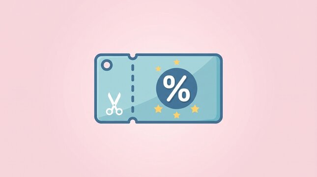 Discount coupon ticket with scissors and percentage symbol, representing promotional vouchers, shopping savings, retail deals, special offers, and customer incentives.