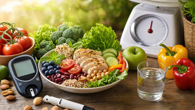 Healthy food for diabetes diet with glucose meter on wooden table. Fresh vegetables, fruits, chicken and quinoa bowl with glucometer and kitchen