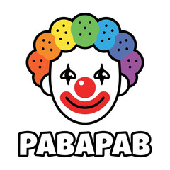 Fototapeta premium Cartoon clown face logo with rainbow hair and text PABAPAB on white background
