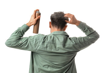 Obraz premium Handsome young man applying hairspray on his curly hair against white background, back view