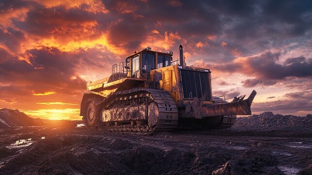 Heavy duty crawler bulldozer operating in rugged terrain at golden hour with dramatic sky with Bulldozer works uneven ground during sunset vibrant cloud formations background