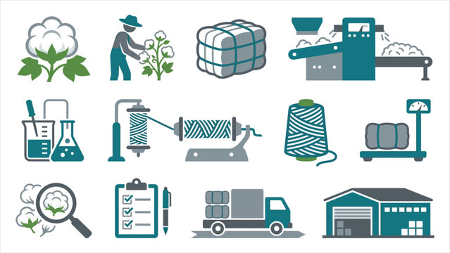 Cotton farm to yarn spinning mill supply chain traceability vector icon set, organic textile production steps, flat vector illustration.