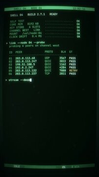 Vertical green phosphor CRT terminal decoding data stream with checksum verification log