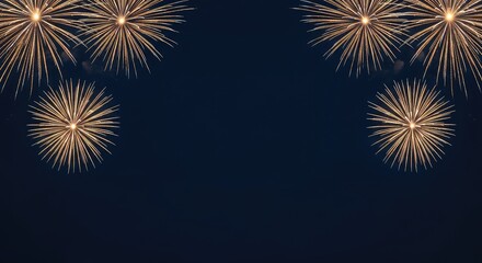 Fototapeta premium Sophisticated dark blue background adorned with minimalist golden and silver fireworks. Perfect for elegant New Year or holiday celebrations, glitter, gala, celestial