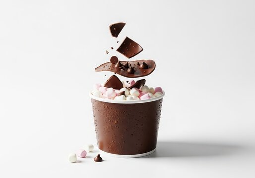 Delicious chocolate dessert cup with marshmallows and chocolate chunks isolated on white background