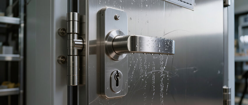 Pharmaceutical freezer storage door with stainless steel lock and water droplet