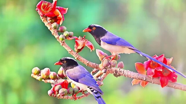 Pair of Red‑billed Blue Magpies Perching on Kapok Flower Branch