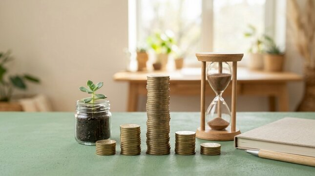 Growing stack of gold coins and a small plant beside an hourglass on a table, symbolizing financial growth and time investment.