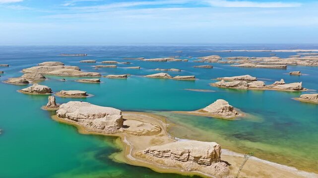 Aerial drone shot of water yardang landforms surrounded by turquoise water in the Qaidam Basin, Qinghai, China