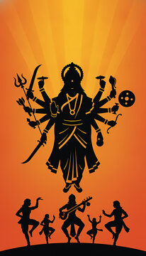 Silhouette of goddess durga with devotees on orange background