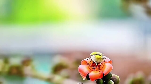 Japanese White‑eye Feeding on Pollen and Nectar from Bright Kapok Blossom