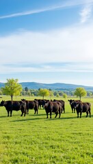 Fototapeta premium Black cattle grazing in a vibrant green pasture with rolling hills under a bright blue sky