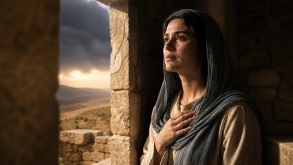 Fototapeta premium Woman in biblical clothing praying under refuge of the Most High with hand on heart at ancient stone wall. Faith and trust in God, divine protection and shelter