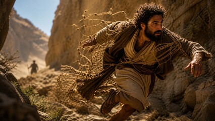 Fototapeta premium Man escaping from hunter net in desert canyon. Biblical concept of god deliverance from fowler snare and protection of almighty. Faith and refuge of most high from psalm