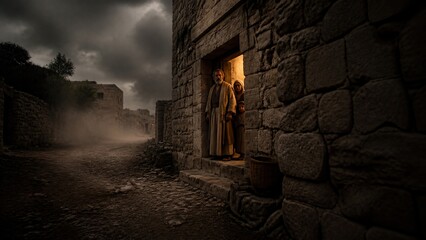 Fototapeta premium Family standing at doorway of ancient stone house under stormy dark sky. Biblical refuge and protection concept from Psalm 90. God shelter and safety in time of trouble and danger