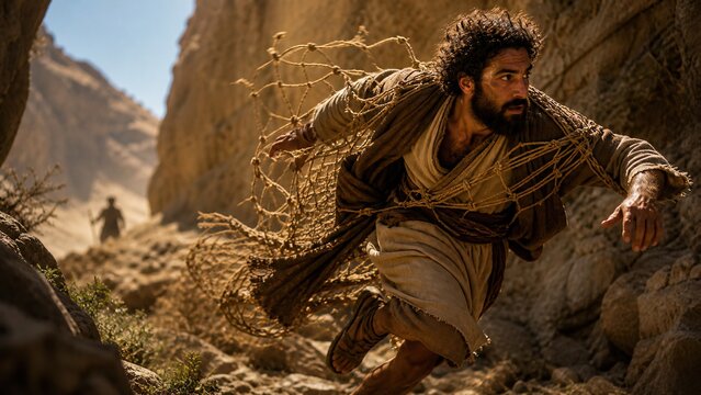 Man escaping from hunter net in desert canyon. Biblical concept of god deliverance from fowler snare and protection of almighty. Faith and refuge of most high from psalm