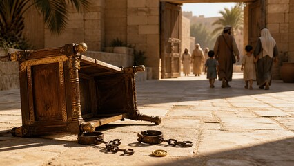 Fototapeta premium Broken wooden altar with iron chains and shackles lying on stone pavement in ancient biblical city street. People walking through city gate in