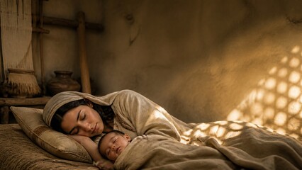 Fototapeta premium Woman sleeping with baby in ancient biblical home. Mother and infant resting under soft warm light. Concept of divine protection, refuge and shelter of the Most High, faith and safety from Psalm 90.