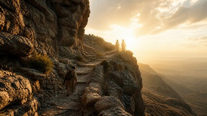 Fototapeta premium Man walking on rocky mountain path toward two glowing angel figures in white robes at sunrise. Biblical scene of divine protection and faith, God shelter and guardian angels, psalm 90 concept for