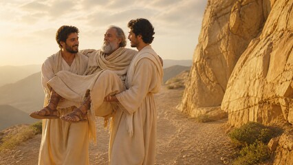 Fototapeta premium Two young men carrying elderly man in biblical robes on mountain path at sunset. Care and support of neighbors, angel protection and Gods refuge