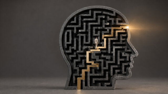Human head silhouette filled with maze and illuminated path, psychology, problem solving, decision making, mental health, cognition and finding solutions concept.