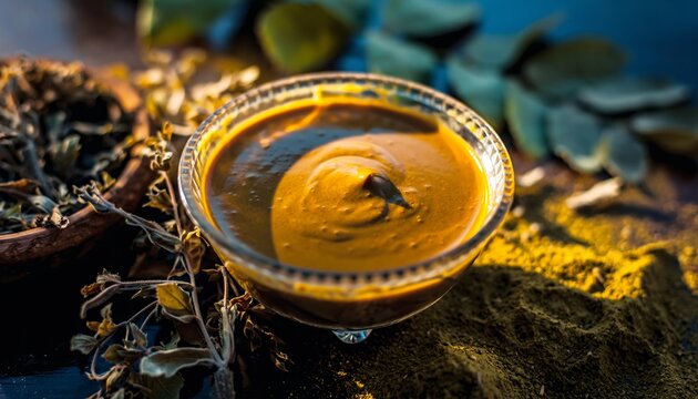 Fresh Made Ayurvedic Henna Cream for Hair Dye and Skin Use on a Wooden Surface Among Herbs and Powders