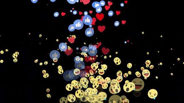 Social media live stream emoji reactions floating overlay on black background, moving banner with heart, thumbs up, and like icons flying upwards, social media reaction icons heart sad face, 4k loop