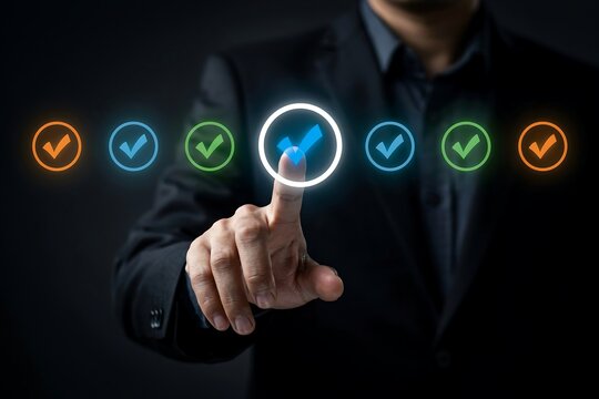 Businessman touching a digital screen to select a check mark icon for task completion success