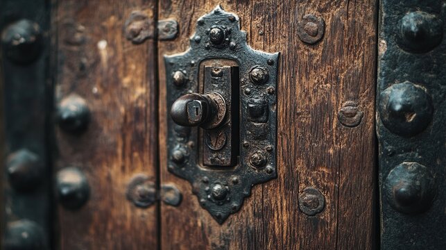 Close up of an old wooden door secured with a large iron latch with metal studs reinforcement latch decorative studded metal door fastener studded wood door detail door handle