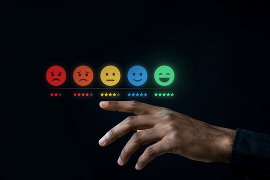 Hand pointing at colorful customer satisfaction rating scale with emojis and star symbols