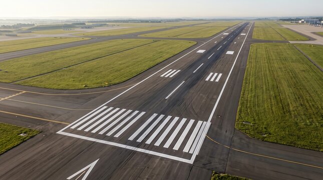 Runway threshold markings stand out clearly on the dark asphalt surface.