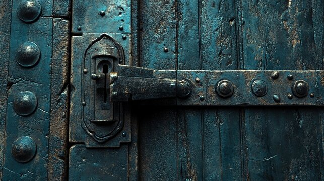 Close up of an aged metal door secured with a heavy bolt and latch on a weathered wooden panel surface with latch mechanism attached door sturdy iron handcrafted industrial