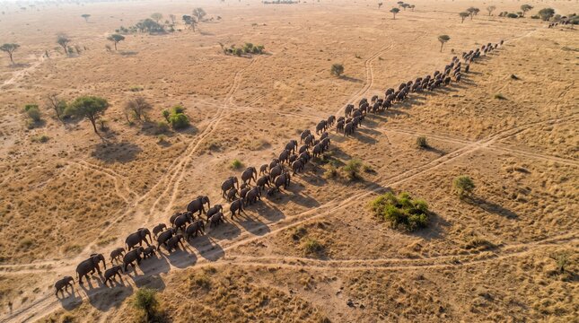Elephant herd walks in a long line across the golden savanna landscape.