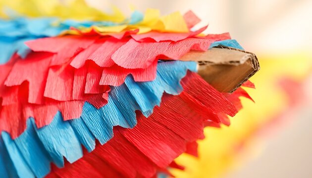 Colorful pinata closeup with layered red blue and yellow crepe paper fringe and exposed corrugated cardboard cone detail