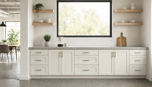 Modern minimalist kitchen with white cabinets and wooden shelves near large window showing green trees