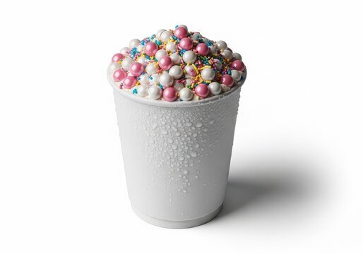 Colorful sprinkles on top of white frosty coffee cup isolated on white background