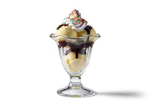 Delicious ice cream sundae in a vintage glass dish isolated on white background
